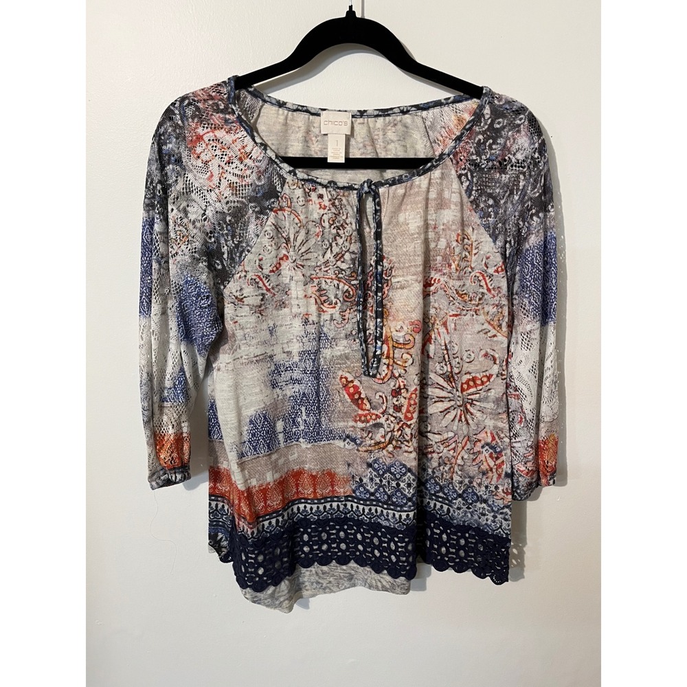 Chicos Mixed Media Paisley Lace Sleeve Top Blue Orange Size 1 M
